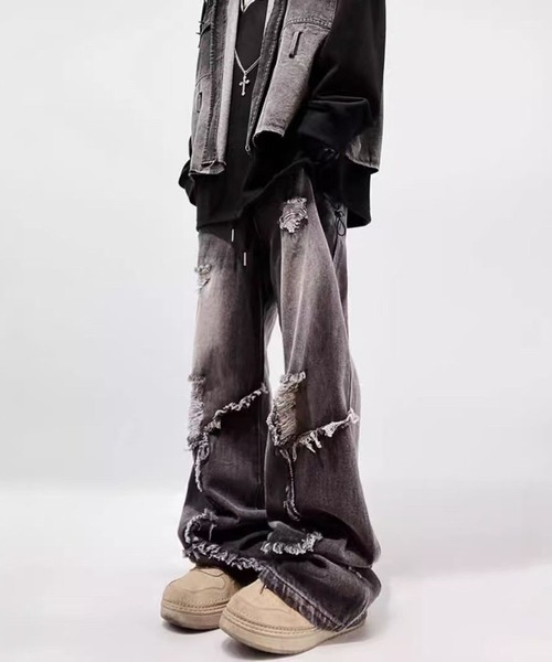 CALIFORNIA OUTFITTERS(カリフォルニア アウトフィッターズ)の「3-11B21 ダメージ 加工 ワイドデニム 韓国 ストリート クラッシュデニム(デニムパンツ・メンズ・ブラック・S/M/L)」の3枚目の写真
