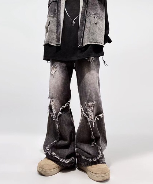 CALIFORNIA OUTFITTERS(カリフォルニア アウトフィッターズ)の「3-11B21 ダメージ 加工 ワイドデニム 韓国 ストリート クラッシュデニム(デニムパンツ・メンズ・ブラック・S/M/L)」の12枚目の写真