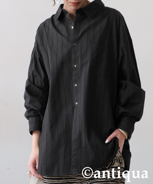 antiqua（アンティカ）の「インド綿ステッチシャツ（シャツ/ブラウス・レディース・カーキ/ブラック・ONESIZE）」の2枚目の写真