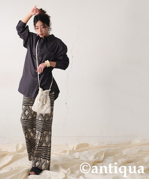 antiqua（アンティカ）の「インド綿ステッチシャツ（シャツ/ブラウス・レディース・カーキ/ブラック・ONESIZE）」の6枚目の写真