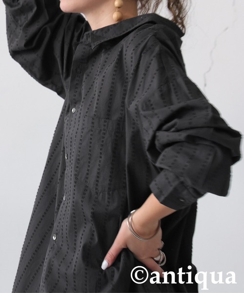 antiqua（アンティカ）の「インド綿ステッチシャツ（シャツ/ブラウス・レディース・カーキ/ブラック・ONESIZE）」の8枚目の写真