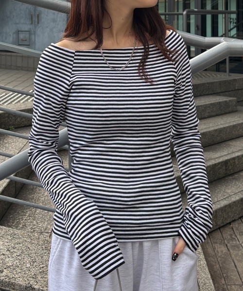 ISOOK（アイスー）の「【ISOOK / アイスー】オフショルボーダーカットソー / 2way 長袖 Tシャツ ボートネック ロングスリーブ ロンT タイト 細ボーダー 白 黒 グレー ホワイト ブラック ZOZOTOWN限定（Tシャツ/カットソー・レディース・ライトグレー/ブラック・FREE）」の21枚目の写真