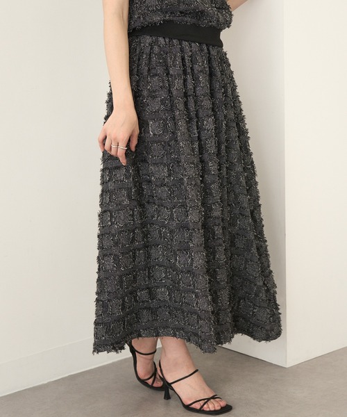 MAGASIN DE MODE Chou Chou(マガジンデモードシュシュ)の「【MAGASIN DE MODE Chou Chou】フリンジブロックチェックスカート trc※(スカート・レディース・ブラック/ベージュ/パープル・FREE)」の1枚目の写真