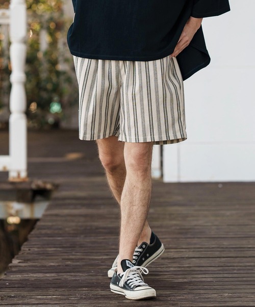 CAMBIO(カンビオ)の「mp13261-Linen Stripe Short Pants ショートパンツ(その他パンツ・メンズ・ブラック/ホワイト・S/M/L)」の3枚目の写真