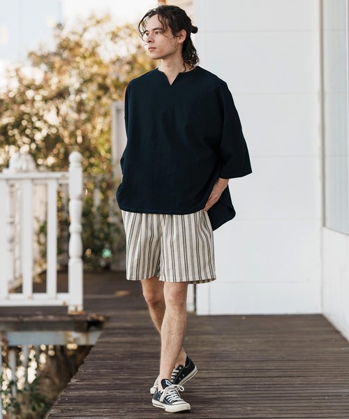 CAMBIO(カンビオ)の「mp13261-Linen Stripe Short Pants ショートパンツ(その他パンツ・メンズ・ブラック/ホワイト・S/M/L)」の7枚目の写真