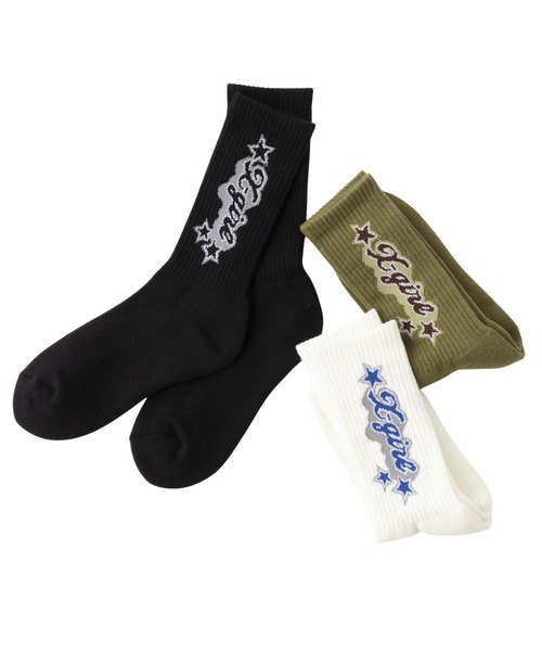 X-girl（エックスガール）の「FLYING STARS LOGO RIB SOCKS（ソックス/靴下・レディース・ホワイト/ブラック/オリーブ・ONE SIZE）」の4枚目の写真