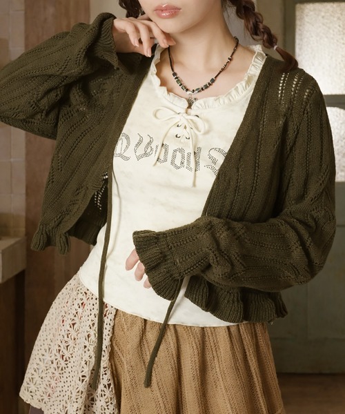 SPINNS(スピンズ)の「ガーリー×レトロの新定番☆クロシェ編みカーディガン(カーディガン/ボレロ・レディース・アイボリー/カーキ/ブラウン/ベージュ/レッド・ONESIZE)」の1枚目の写真