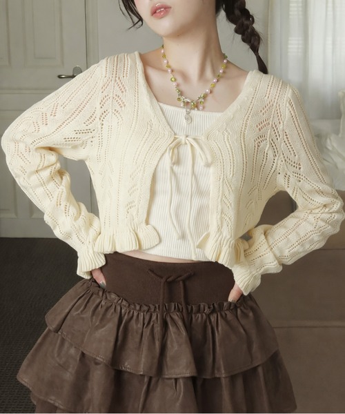 SPINNS(スピンズ)の「ガーリー×レトロの新定番☆クロシェ編みカーディガン(カーディガン/ボレロ・レディース・アイボリー/カーキ/ブラウン/ベージュ/レッド・ONESIZE)」の2枚目の写真