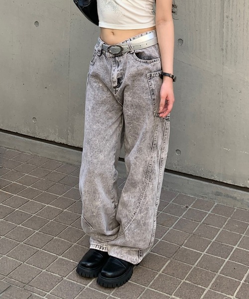 セール】立体切り替えデザイン ケミカルウォッシュ加工 ワイドバレル