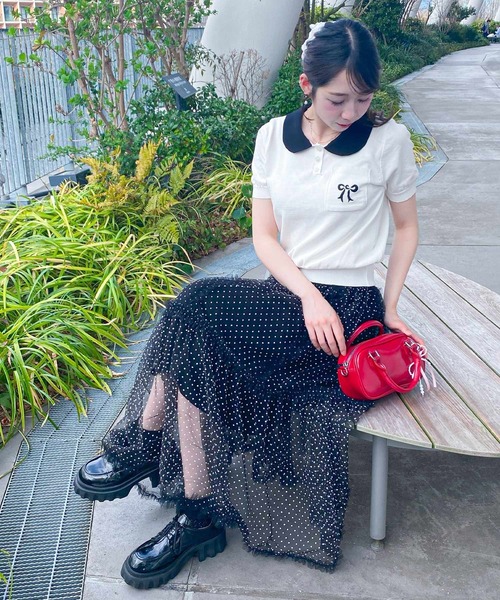 セール】リボン刺繍襟付半袖ニット（ニット/セーター）｜frunco
