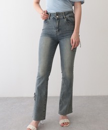 ウォッシュ加工 ハイウエスト カットオフ フレア デニムパンツ
