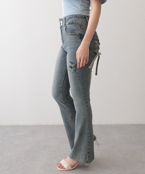 Lace Ladies(レースレディース)の「ウォッシュ加工 ハイウエスト カットオフ フレア デニムパンツ(デニムパンツ・レディース・ブルー・XL/L/M/S)」の3枚目の写真