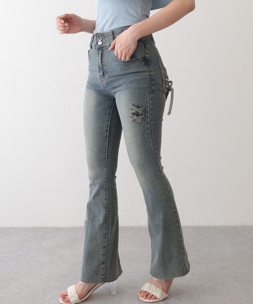 Lace Ladies(レースレディース)の「ウォッシュ加工 ハイウエスト カットオフ フレア デニムパンツ(デニムパンツ・レディース・ブルー・XL/L/M/S)」の8枚目の写真