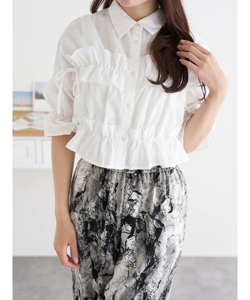 フリル×リボン短丈シャツ（無地・ストライプ柄）（シャツ/ブラウス