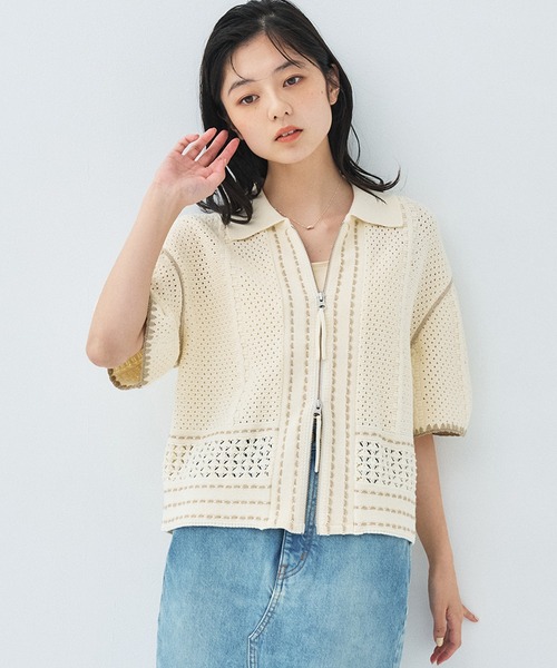 PUBLIC TOKYO(パブリックトウキョウ)の「ハーフスリーブジップポロニット/夏服/ 半袖/ ポロ襟(ポロシャツ・レディース・ベージュ/アイボリー/ライトブルー・FREE)」の5枚目の写真
