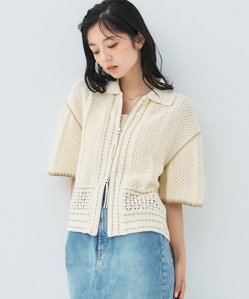 PUBLIC TOKYO(パブリックトウキョウ)の「ハーフスリーブジップポロニット/夏服/ 半袖/ ポロ襟(ポロシャツ・レディース・ベージュ/アイボリー/ライトブルー・FREE)」の6枚目の写真