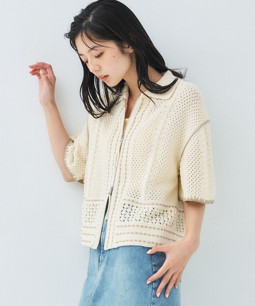 PUBLIC TOKYO(パブリックトウキョウ)の「ハーフスリーブジップポロニット/夏服/ 半袖/ ポロ襟(ポロシャツ・レディース・ベージュ/アイボリー/ライトブルー・FREE)」の7枚目の写真