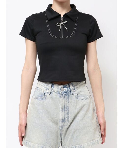 EMODA（エモダ）の「リボンカラージップトップ（Tシャツ/カットソー・レディース・ブルー/グレー/ブラック・FREE）」の4枚目の写真