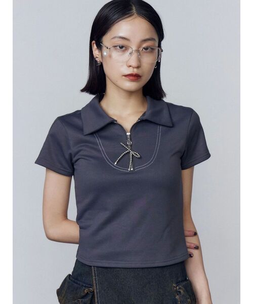 EMODA（エモダ）の「リボンカラージップトップ（Tシャツ/カットソー・レディース・ブルー/グレー/ブラック・FREE）」の12枚目の写真