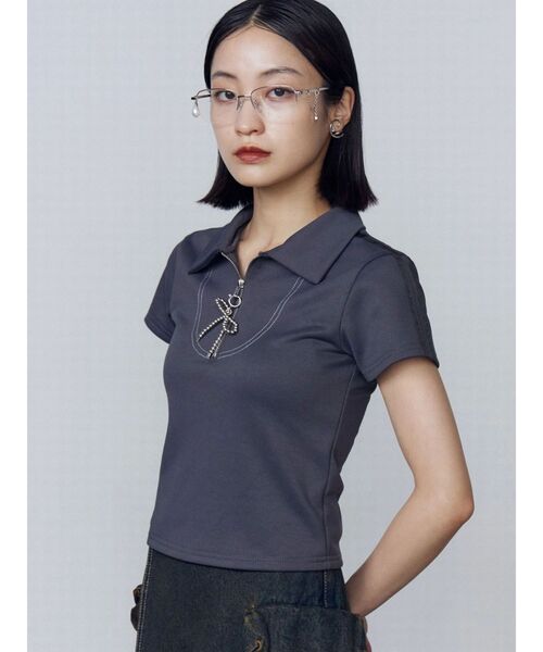 EMODA（エモダ）の「リボンカラージップトップ（Tシャツ/カットソー・レディース・ブルー/グレー/ブラック・FREE）」の13枚目の写真