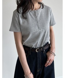 テレコリブドットボタンヘンリーネックTシャツ