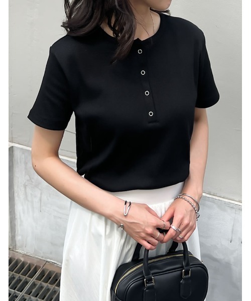 テレコリブドットボタンヘンリーネックTシャツ（Tシャツ