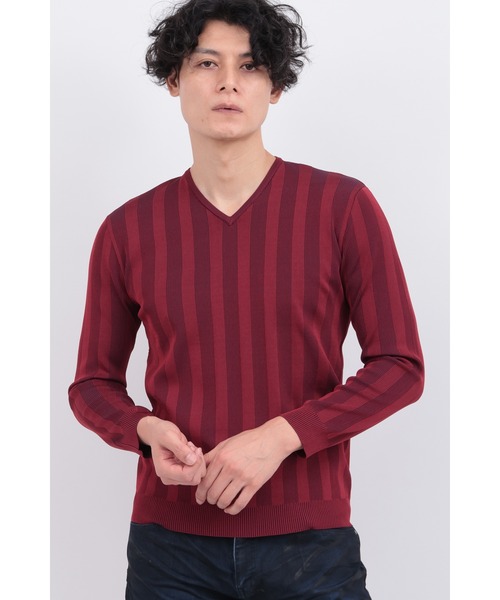 TORNADO MART(トルネードマート)の「ストライプテレコVネックKN(ニット/セーター・メンズ・ブラック/グレー系その他/レッド・LL/M/L)」の1枚目の写真