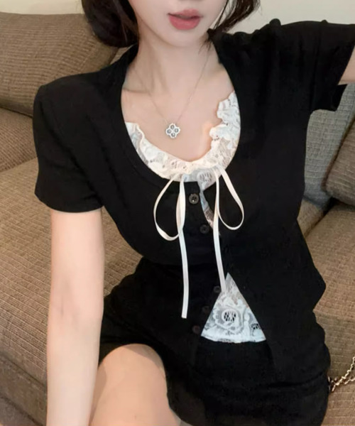 VIVID LADY(ビビッドレディー)の「レイヤード風 レースキャミソール 半袖Tシャツ(Tシャツ/カットソー・レディース・グレー/ホワイト/ブラック・FREE)」の1枚目の写真