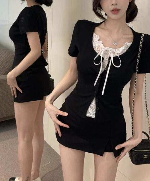 VIVID LADY(ビビッドレディー)の「レイヤード風 レースキャミソール 半袖Tシャツ(Tシャツ/カットソー・レディース・グレー/ホワイト/ブラック・FREE)」の11枚目の写真