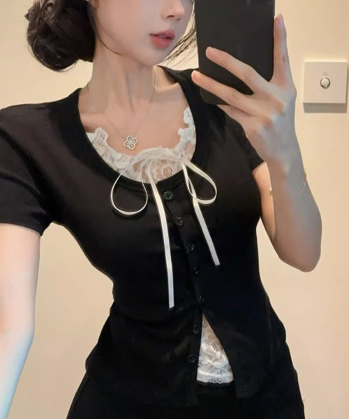 VIVID LADY(ビビッドレディー)の「レイヤード風 レースキャミソール 半袖Tシャツ(Tシャツ/カットソー・レディース・グレー/ホワイト/ブラック・FREE)」の12枚目の写真