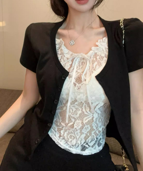 VIVID LADY(ビビッドレディー)の「レイヤード風 レースキャミソール 半袖Tシャツ(Tシャツ/カットソー・レディース・グレー/ホワイト/ブラック・FREE)」の5枚目の写真