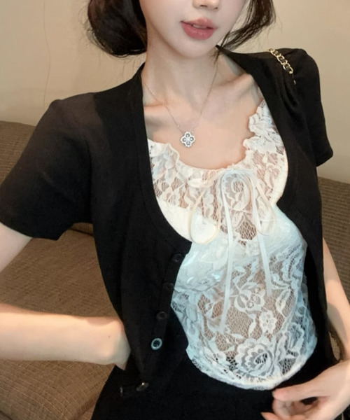 VIVID LADY(ビビッドレディー)の「レイヤード風 レースキャミソール 半袖Tシャツ(Tシャツ/カットソー・レディース・グレー/ホワイト/ブラック・FREE)」の14枚目の写真