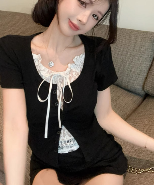 VIVID LADY(ビビッドレディー)の「レイヤード風 レースキャミソール 半袖Tシャツ(Tシャツ/カットソー・レディース・グレー/ホワイト/ブラック・FREE)」の15枚目の写真