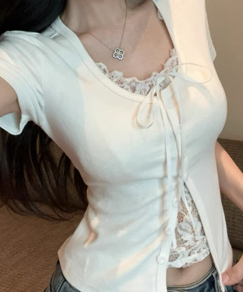 VIVID LADY(ビビッドレディー)の「レイヤード風 レースキャミソール 半袖Tシャツ(Tシャツ/カットソー・レディース・グレー/ホワイト/ブラック・FREE)」の17枚目の写真