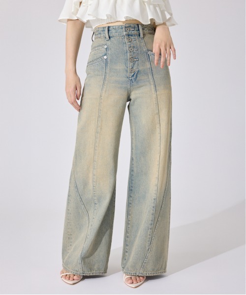 rienda★フロントボタンデザインハイウエストデニムパンツ フロントボタンデザインハイウエストデニムパンツ 夏服（デニム