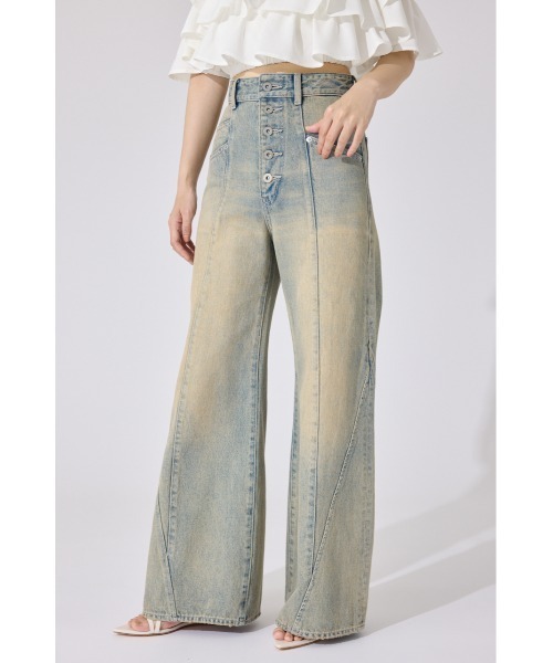 rienda フロントボタンデザインハイウエストデニムパンツS フロントボタンデザインハイウエストデニムパンツ 夏服（デニムパンツ