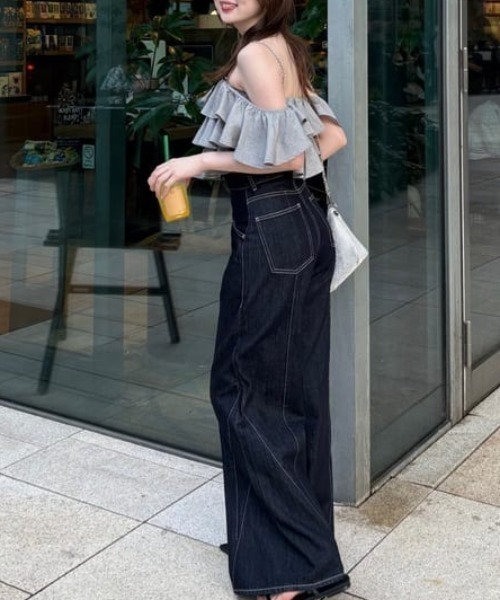 フロントボタンデザインハイウエストデニムパンツ 夏服（デニム