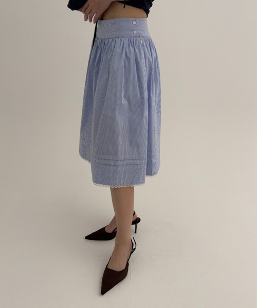 FUULLY STUDIO(フーリィーステューディオ)の「レースミディギャザースカート(スカート・レディース・ストライプ/ホワイト・FREE)」の17枚目の写真