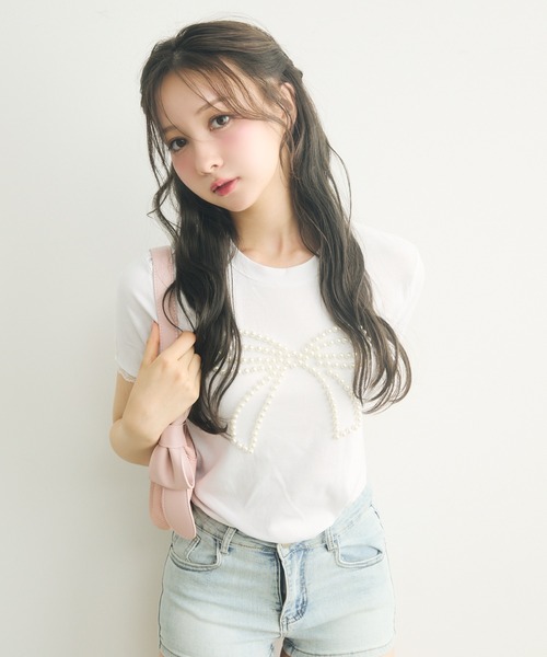 tシャツ 「ZOZO限定」チュールリボン×パールTシャツ レディース セール】【mily bilet】どこから見ても胸キュンな贅沢デザイン