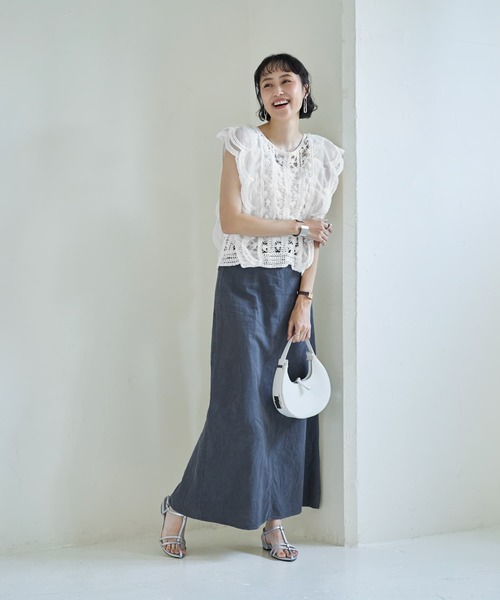 STYLE DELI(スタイルデリ)の「かぎ編みとチュールのレース風スカラップベスト(ベスト・レディース・ホワイト/ベージュ・MEDIUM)」の7枚目の写真
