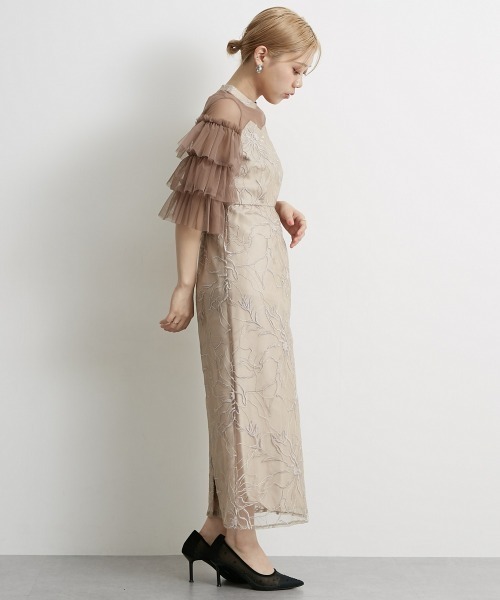 ティアードスリーブ刺繍ワンピースドレス（ドレス）｜Jolie et