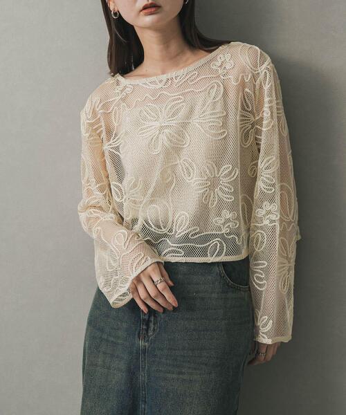 SENSE OF PLACE by URBAN RESEARCH（センスオブプレイスバイアーバンリサーチ）の「コードシシュウメッシュトップ（Tシャツ/カットソー・レディース・ブラウン/ブラック/アイボリー・ONE）」の2枚目の写真