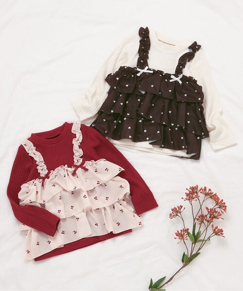 リンク/ジュニア対応】さくらんぼ・ハート柄ティアードトップス（T