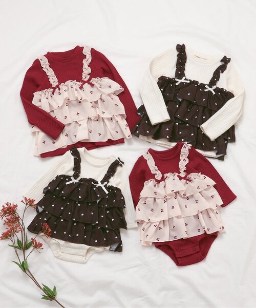 apres les cours（アプレレクール）の「【リンク/ジュニア対応】さくらんぼ・ハート柄ティアードトップス（Tシャツ/カットソー・キッズ・レッド/アイボリー・140/90/100/110/120/80/130）」の7枚目の写真