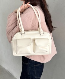 ダブルポケット付きPUボストンバッグ