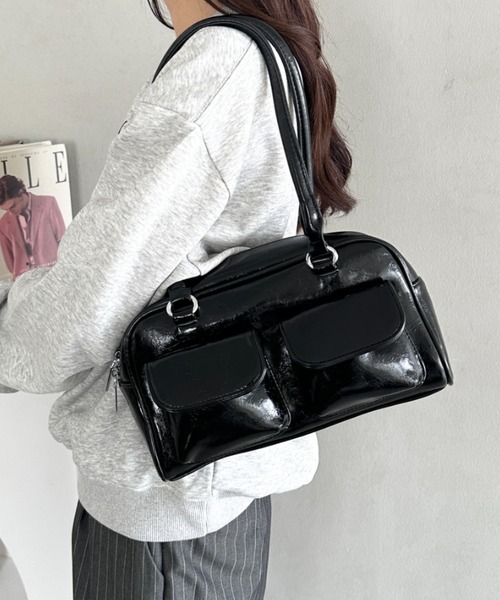 セール】ダブルポケット付きPUボストンバッグ（ボストンバッグ