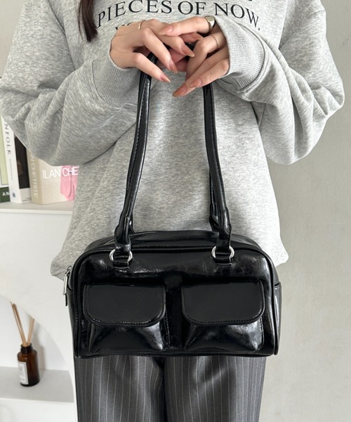 セール】ダブルポケット付きPUボストンバッグ（ボストンバッグ