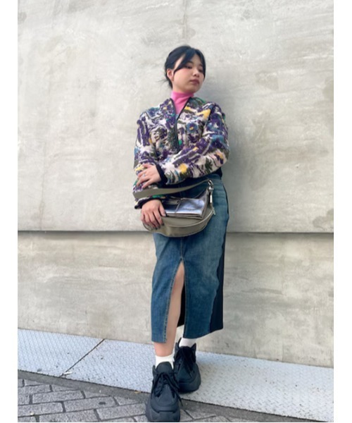 セール】杢調フラワープリント ニット襟ボンバージャケット ショート丈