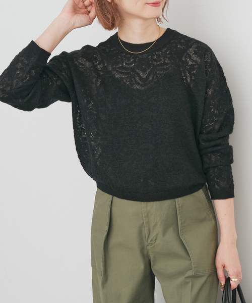 Spick & Span(スピックアンドスパン)の「《手洗い可》2WAYレースジャガードニット(ニット/セーター・レディース・ブラック/ホワイト・FREE)」の1枚目の写真