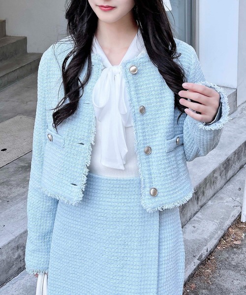 PLUS OTO.HA フリンジツイードジャケット/ ブルー セール】【WEB限定】ツイードフリンジジャケット(セットアップ対応